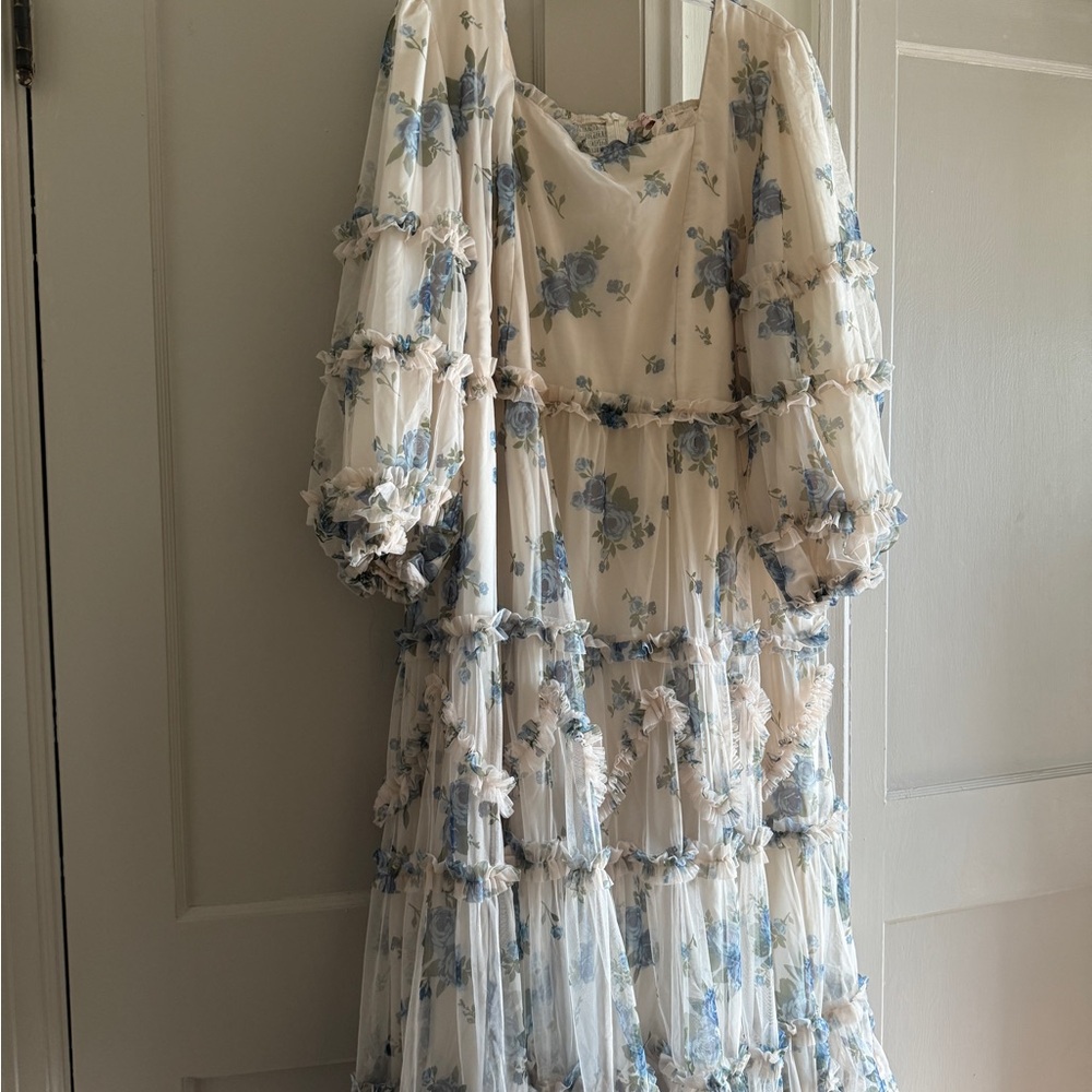 Ivy City Co Cream and Blue Floral Maxi Dress